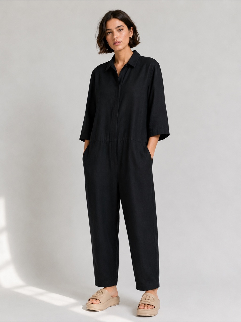 James Perse Black Linen Viscose Utility Coverall Jumpsuit Sz 1 Minimalist